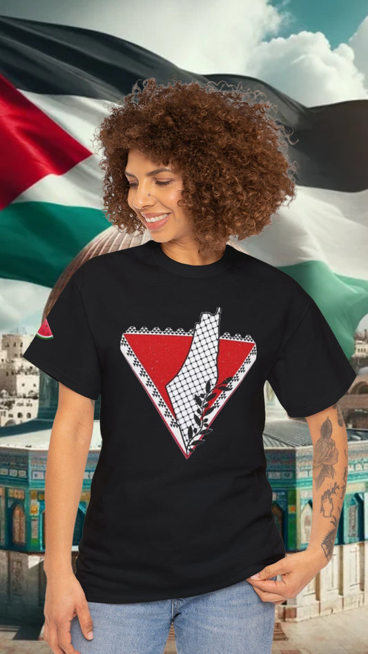 Palestinian Pride: Palestine Map, Red Triangle, Keffiyeh & Watermelon Graphic Tshirt