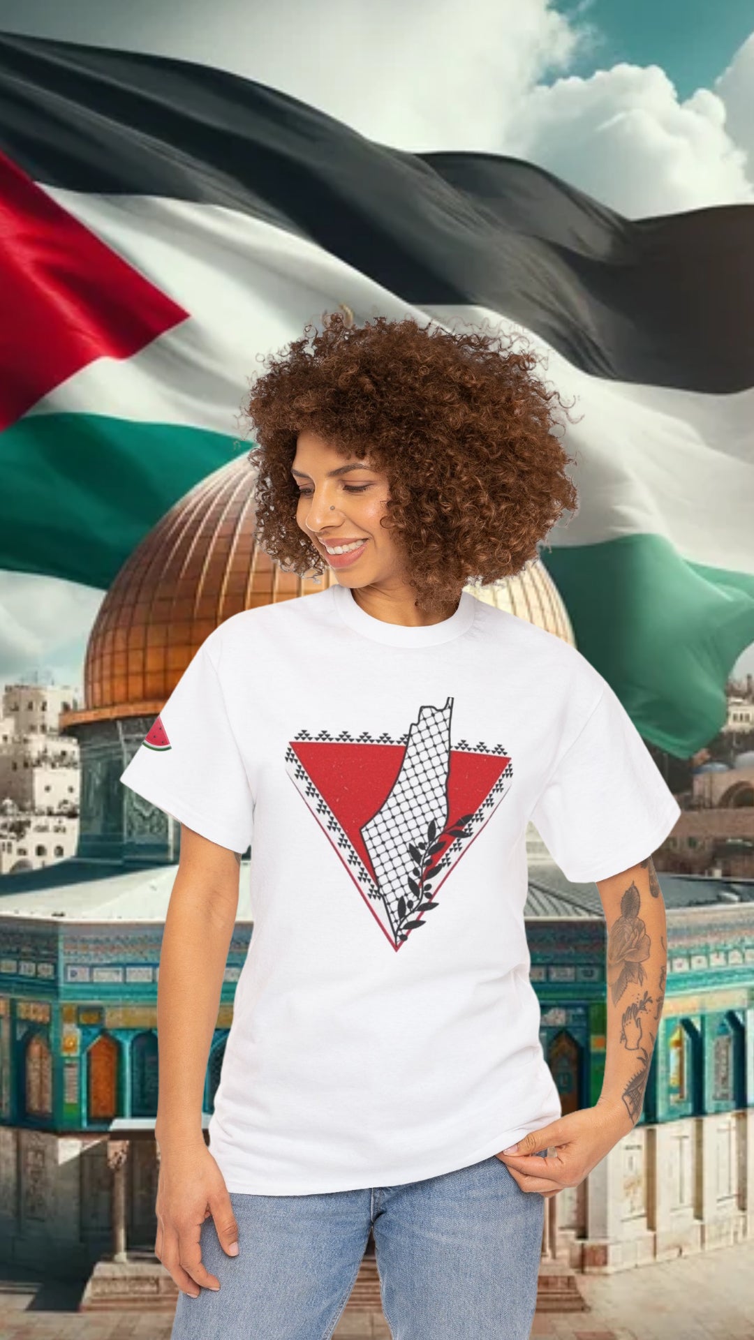 Palestinian Pride: Palestine Map, Red Triangle, Keffiyeh & Watermelon Graphic Tshirt