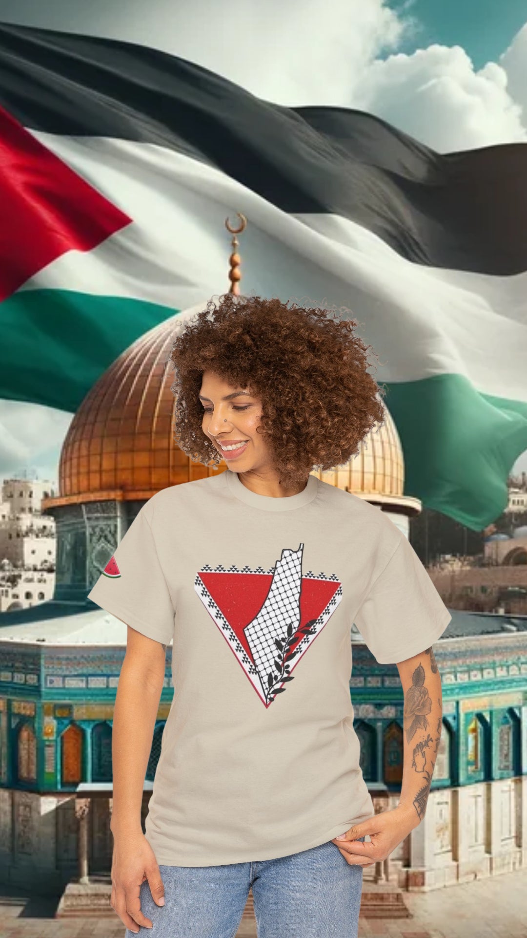 Palestinian Pride: Palestine Map, Red Triangle, Keffiyeh & Watermelon Graphic Tshirt